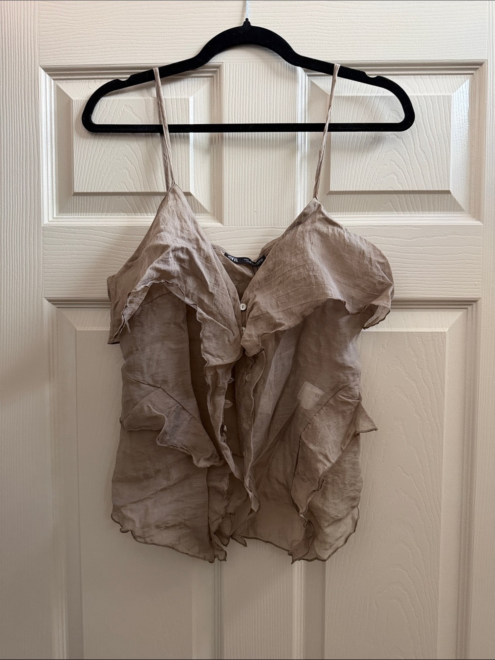 Zara Taupe Ruffle Linen-Blend Camisole Tank Top